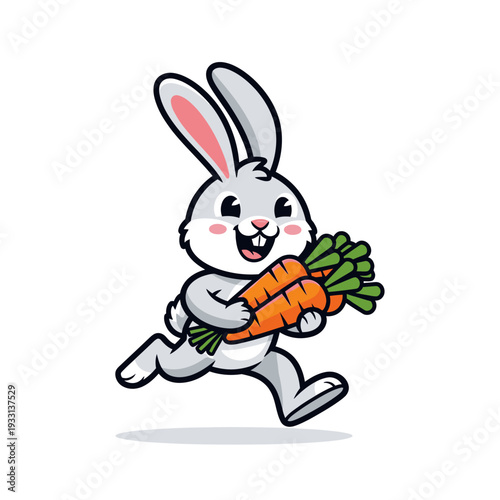 Happy cartoon bunny running with a bunch of fresh carrots