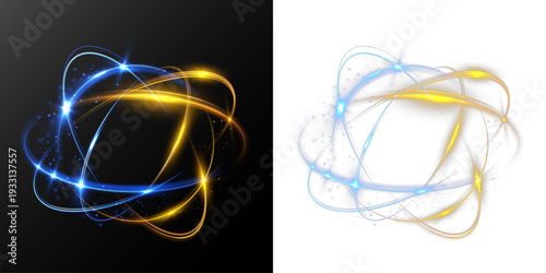 Blue and golden glowing abstract atom shape with dynamic light trails and sparkling energy particles, luminous futuristic motion design isolated on black background.

