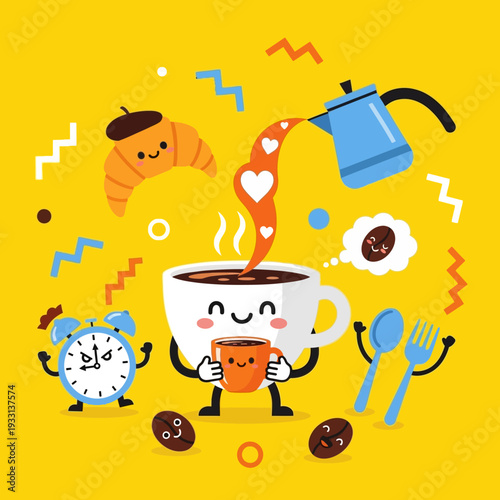 Happy Coffee Break: Cartoon Coffee Cup, Croissant, Alarm Clock, and Utensils on Yellow Background