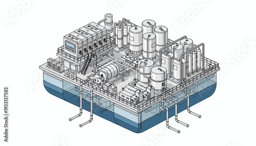 Isometric illustration of an offshore oil rig platform with industrial equipment.