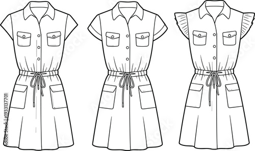 Three black and white line of women's button-up dresses with pockets and drawstring waists