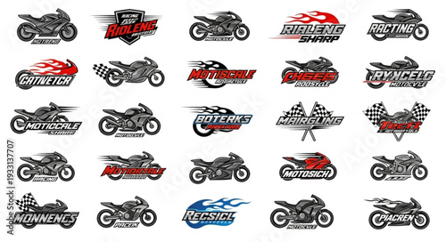 Motorcycle racing logos collection, dynamic speed and motion, various designs and styles.