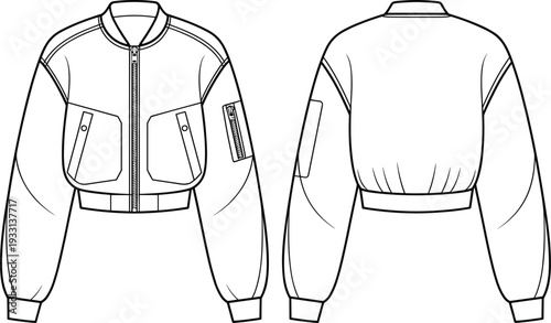 Black and white line of a jacket with front zipper and multiple pockets line black and white sleeves