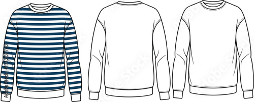 Three Long Sleeve Sweaters with Different Patterns and Colors in a Row striped solid blue