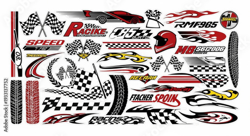 Collection of racing car decals and stickers for vehicle decoration and design.
