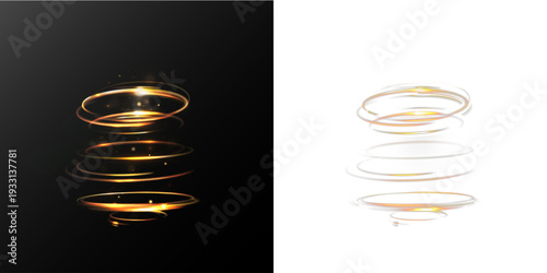Golden glowing horizontal light rings forming abstract layered energy platform with sparkling particles, luminous circular motion effect isolated on black background.
