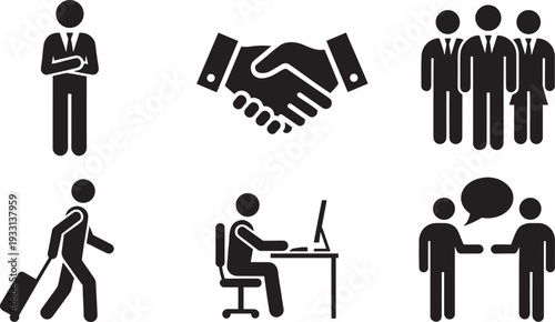 Business icons set with handshake teamwork communication and office worker silhouettes vector