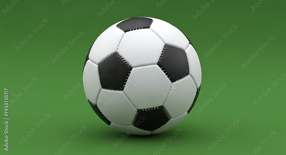 Naklejka premium A classic black and white soccer ball resting on a green background