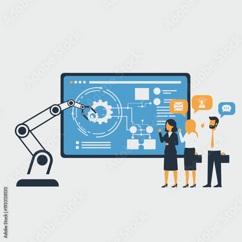 Robotic Arm and Team Discussing Digital Interface with Flowchart and Gears