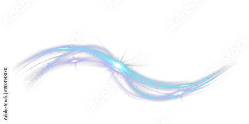 Blue glowing curved speed light trail with sparkling dynamic energy flow, abstract luminous motion streak isolated on black background.
