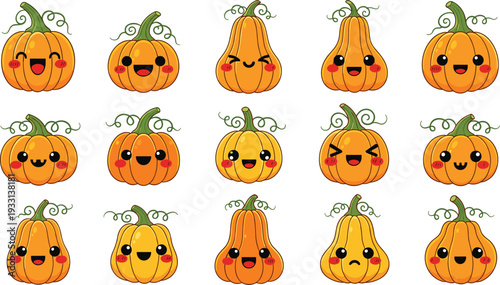 Cute pumpkin character collection with funny Halloween faces and autumn seasonal illustrations