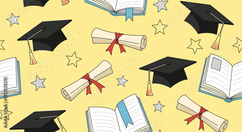 Seamless graduation cap set featuring a black academic hat with a tassel and a diploma certificate on a white background for a university student celebrating a degree of success