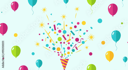 A happy celebration background featuring colorful helium balloons and heart confetti flying in a blue sky for a festive birthday party greeting card illustration