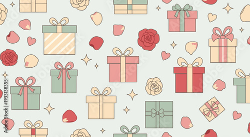 Cute seamless pattern illustration featuring a festive set of Christmas gift boxes with ribbons and bows for holiday celebration wallpaper design
