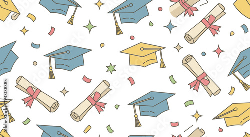 Seamless pattern illustration set featuring colorful pencils and school drawing tools with cartoon art design icons and office equipment symbols on a vector background