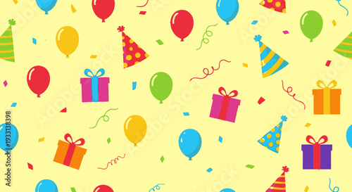 Happy birthday seamless pattern with celebration cake, gift box, party balloon, and cartoon candles vector illustration for holiday decoration art