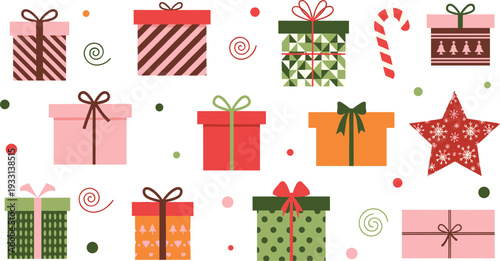 Christmas gift boxes set with festive wrapped presents candy cane and holiday decoration elements
