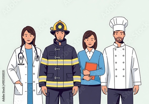Diverse Group of Essential Workers and Professionals: Doctor, Firefighter, Office Worker, Chef