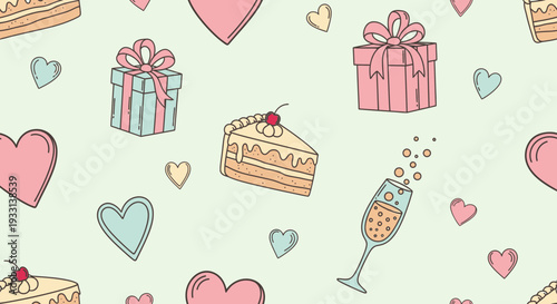Seamless Pattern of Hearts, Gift Boxes, Cake Slices, and Champagne Glasses on a Light Green Background