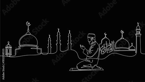 Man praying in front of mosque outline illustration on transparent background image (15).ai