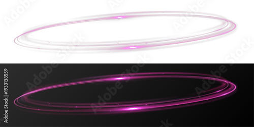 Pink glowing horizontal speed ring with dynamic neon light trail and luminous motion effect, abstract energy loop isolated on black background.

