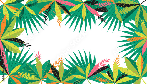 Tropical leaves arranged in a circular pattern forming a decorative frame, viewed from directly above, showcasing nature's design