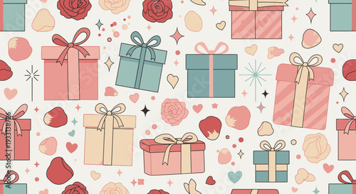 Elegant Gift Boxes Hearts and Roses Seamless Pattern on Light Beige Background, Romantic Valentine's Day or Anniversary