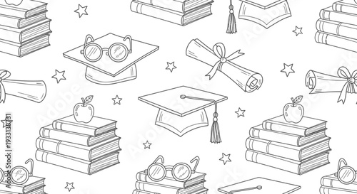 Outline Seamless Pattern of Books Graduation Caps and Diplomas on Isolated White Background, Education Theme