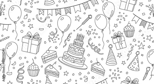 Outline Seamless Pattern of Birthday Elements with Cake Balloons and Gifts on Isolated White Background, Festive Party Theme