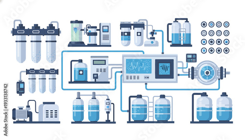 Industrial water treatment process diagram with various equipment and machinery.