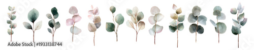 Watercolor eucalyptus branches and leaves in soft green, pink, and gray tones, hand painted collection ideal for botanical designs, wedding stationery, and elegant floral art