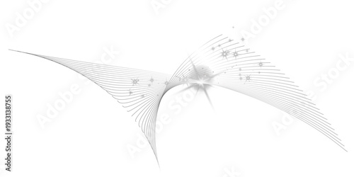 Abstract white light wave with glowing lines, sparkles and particles, elegant luminous swirl isolated on black background.
