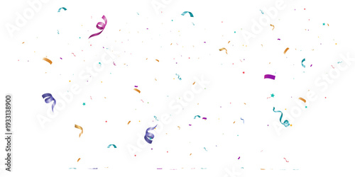 Colorful falling confetti and streamers on black background, festive celebration party decoration with stars and ribbons.