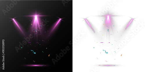 Pink glowing stage spotlights with falling confetti, festive party light beams isolated on black background.
