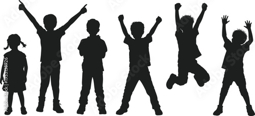 WebChildren silhouettes standing, jumping, raising arms, casual clothing, playful poses, joyful movement, unity, diversity, childhood expression, vector illustration, black silhouette, isolated