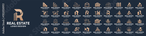 Set of gold building logo design inspiration. Golden real estate apartment logo icon vector.