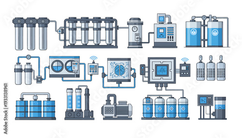 Industrial water treatment process diagram with various equipment and machinery.