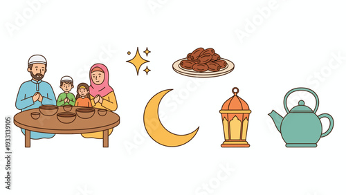Family Gathering During Ramadan Celebration with Traditional Food and Decorations at Home