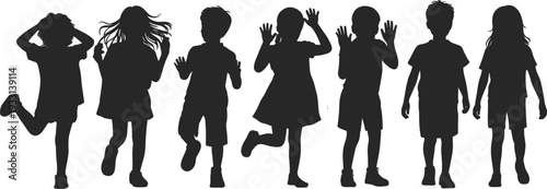 WebChildren silhouettes standing, raising arms, playful poses, casual clothing, joyful movement, childhood diversity, expressive gestures, vector illustration, black silhouette, isolated