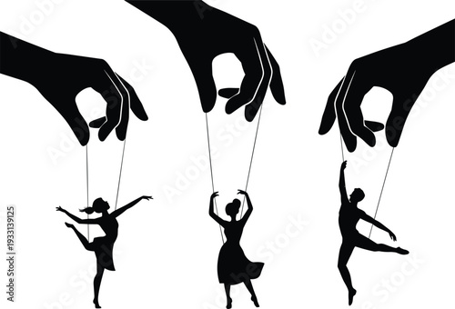 Marionette Puppet Control Concept Silhouette, Human Manipulated by Hand Strings Black Flat Vector Illustration Collection