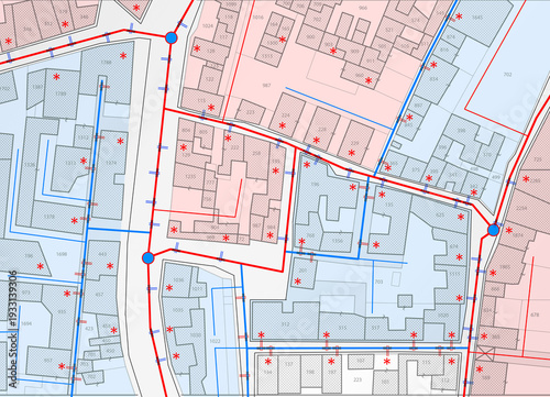 URBAN WATER SUPPLY NETWORK MAP AND CITY INFRASTRUCTURE PLAN - DETAILED CARTOGRAPHY BLUEPRINT SHOWING PIPELINE SYSTEM, STREETS, BUILDINGS AND MUNICIPAL ENGINEERING LAYOUT FOR URBAN PLANNING UTILITIES
