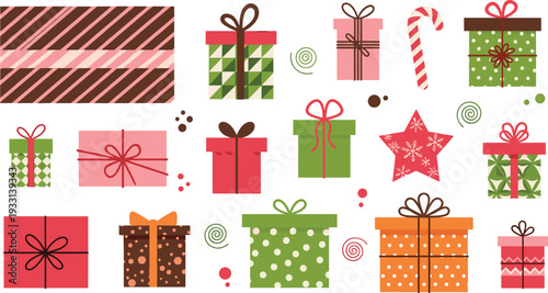Christmas gift box collection with festive wrapped presents holiday decoration elements