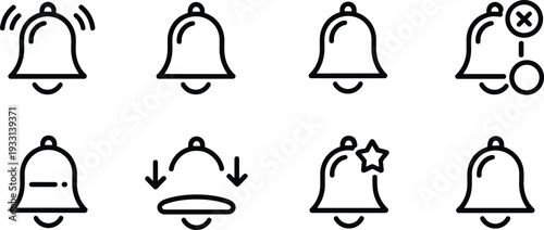Notification bell line icon set, alert reminder ring outline vector illustration collection for app and interface design