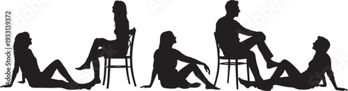 Couple sitting on chair and floor in romantic poses, black silhouette vector illustration set