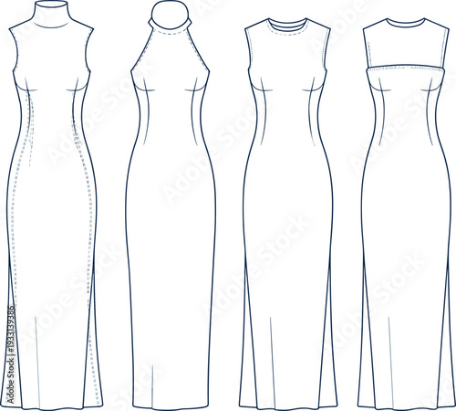 Four Different Styles of Long Dresses Drawn in Black and White Line fashion line black and white four dresses