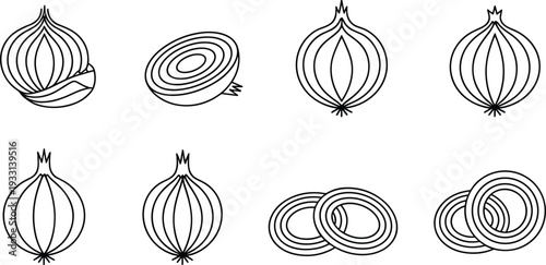 Onion line icon set with whole bulb, half cut section and sliced rings, outline vector vegetable illustration collectionOnion line icon set with whole bulb, half cut section and sliced rings