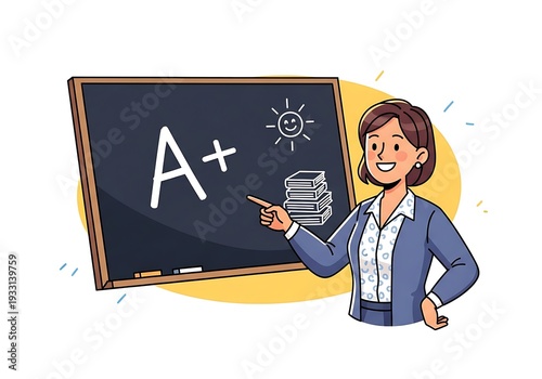Smiling Teacher Points to 'A+' Grade and Books on Chalkboard, Celebrating Academic Achievement