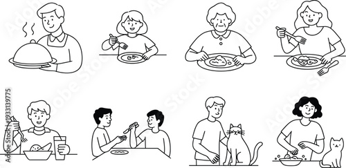 People eating food line icon set with family dining, friends sharing meal, pet cat at table, restaurant and home scenesPeople eating food line icon set with family dining, friends sharing meal