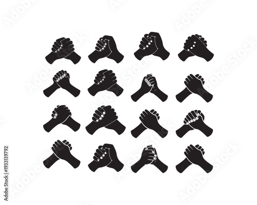 Collection of black and white handshake and arm wrestling grip holding hands