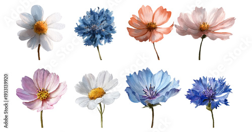 Assorted watercolor floral illustrations of daisies, cosmos and cornflowers in soft pastel hues on white background  delicate spring and summer botanical elements for design